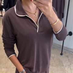 Damski, swobodny komplet: top z dekoltem w serek i spodnie z szerokimi nogawkami