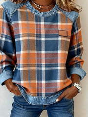 Damska bluza z okrągłym dekoltem, jeansowa, patchworkowa, w kratę, z nadrukiem, casualowa