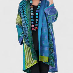 Damski długi kardigan, oversize'owa lekka wzorzysta kurtka