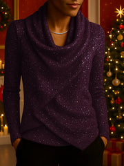 Damski luźny, dzianinowy top z cekinami i długim rękawem, z rozkloszowanym dekoltem