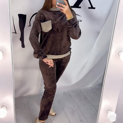 Damski garnitur casualowy z blokami kolorów, okrągłym dekoltem, długim rękawem i wysokim stanem