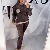 Damski garnitur casualowy z blokami kolorów, okrągłym dekoltem, długim rękawem i wysokim stanem