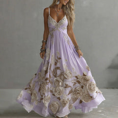 Damska sukienka maxi z haftem w stylu vintage z różami i dekoltem w serek