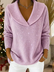 Damski jednokolorowy, luźny, dzianinowy top z dekoltem w serek i cekinami