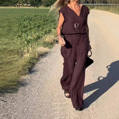 Damski codzienny komplet spodni kamizelka z bawełny i lnu, dwuczęściowy