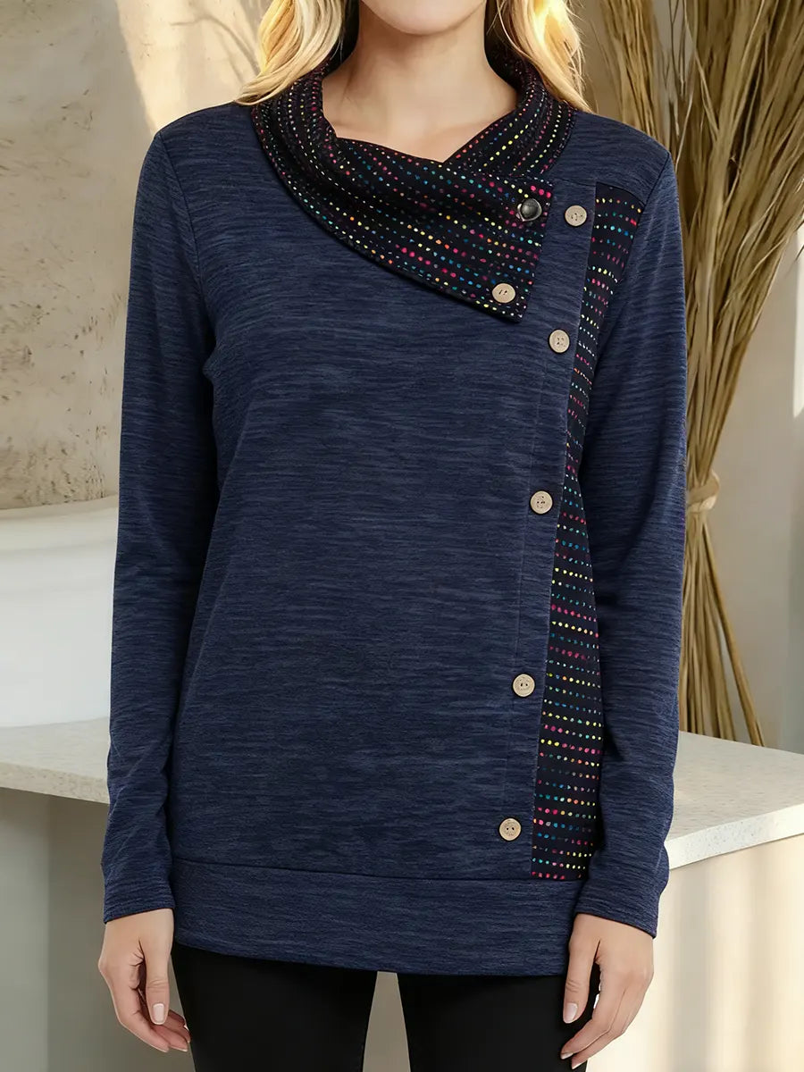 Damski top z geometrycznym nadrukiem, patchworkiem, okrągłym dekoltem i długim rękawem, swobodny, luźny, dzianinowy