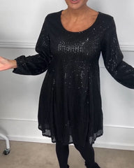 Elegancka sukienka w kształcie litery A z cekinowymi rękawami i rękawami typu lampion