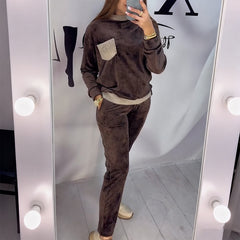 Damski garnitur casualowy z blokami kolorów, okrągłym dekoltem, długim rękawem i wysokim stanem