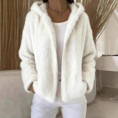 Damska modna pluszowa kurtka z kapturem