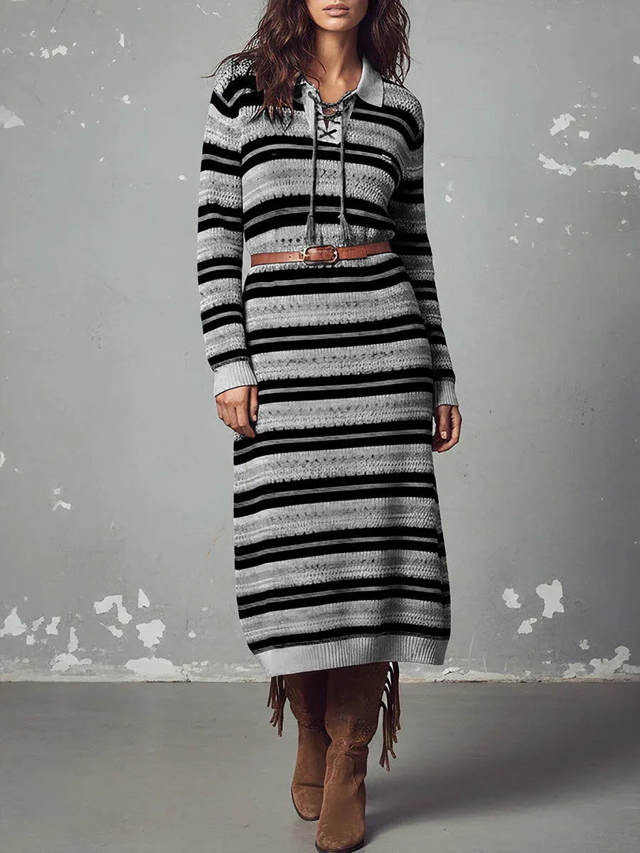 Damska sukienka kardigan w paski z blokami kolorów, z długim rękawem, luźną dzianiną i kołnierzykiem