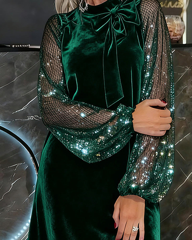 Elegancka sukienka z rękawami typu latarnia i patchworkiem