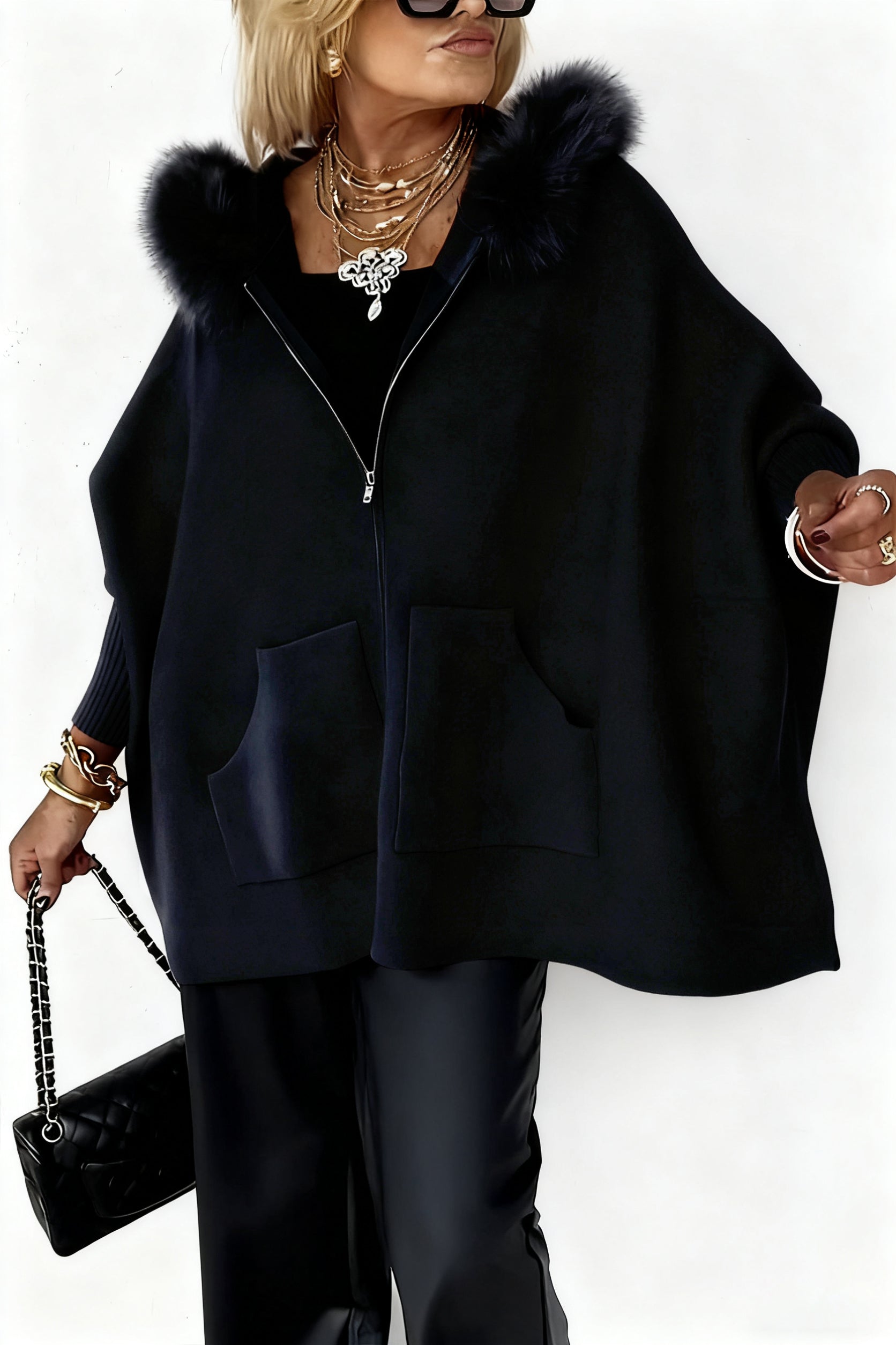 Damska kurtka casualowa z kołnierzem futrzanym w jednolitym kolorze