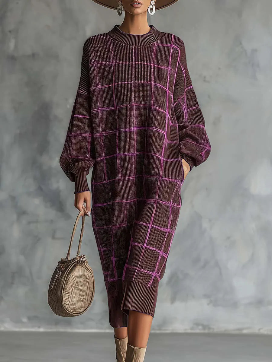 Damska sukienka w kratę z okrągłym dekoltem i długim rękawem, luźna, dzianinowa, swobodna