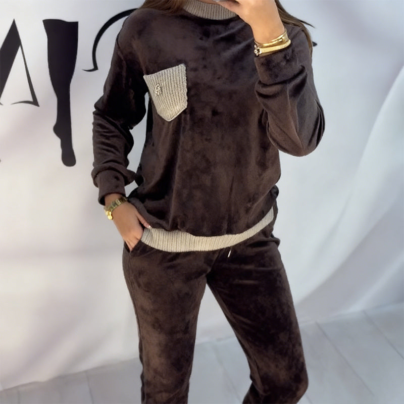 Damski garnitur casualowy z blokami kolorów, okrągłym dekoltem, długim rękawem i wysokim stanem