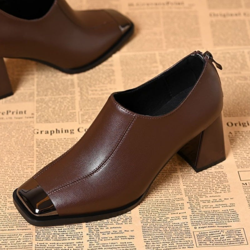 Damskie buty na grubym obcasie z kwadratowym noskiem i zamkiem błyskawicznym