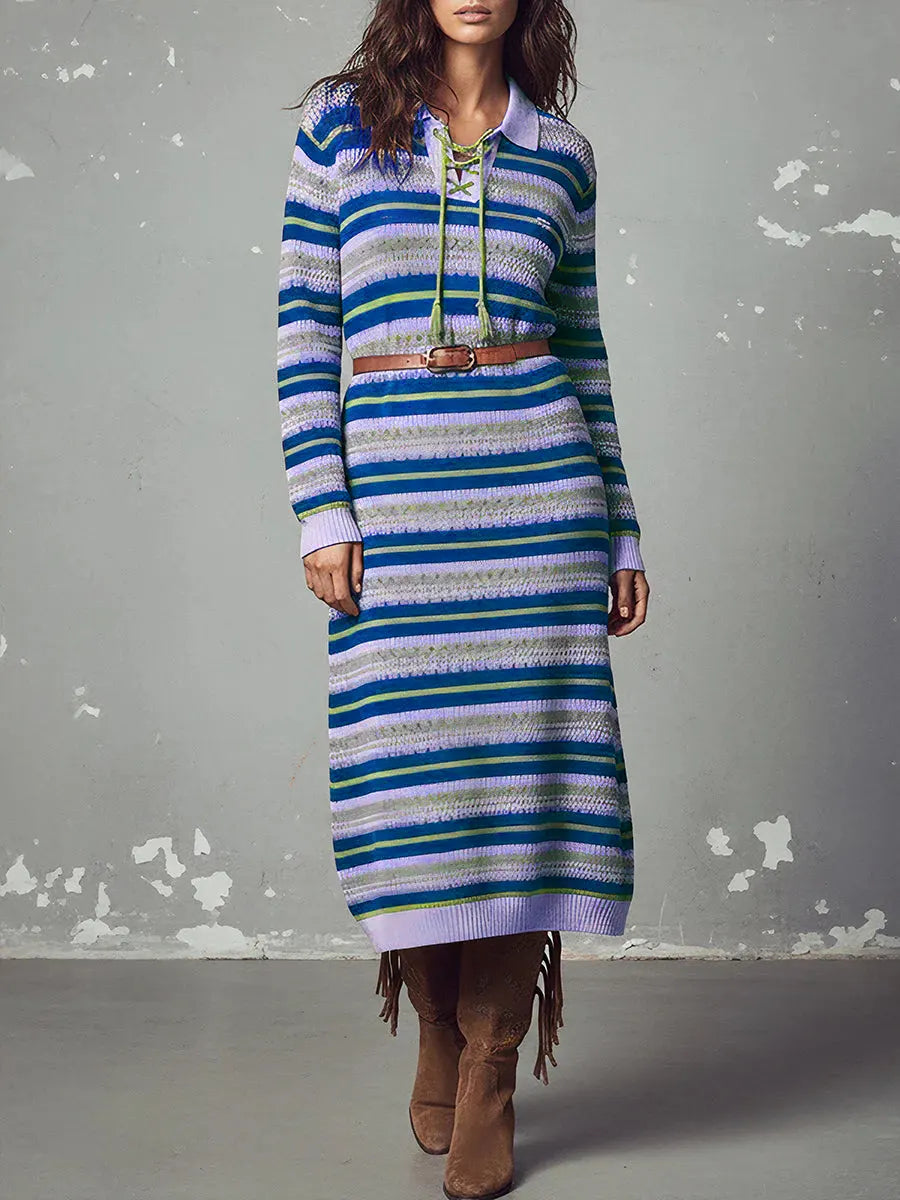 Damska sukienka kardigan w paski z blokami kolorów, z długim rękawem, luźną dzianiną i kołnierzykiem