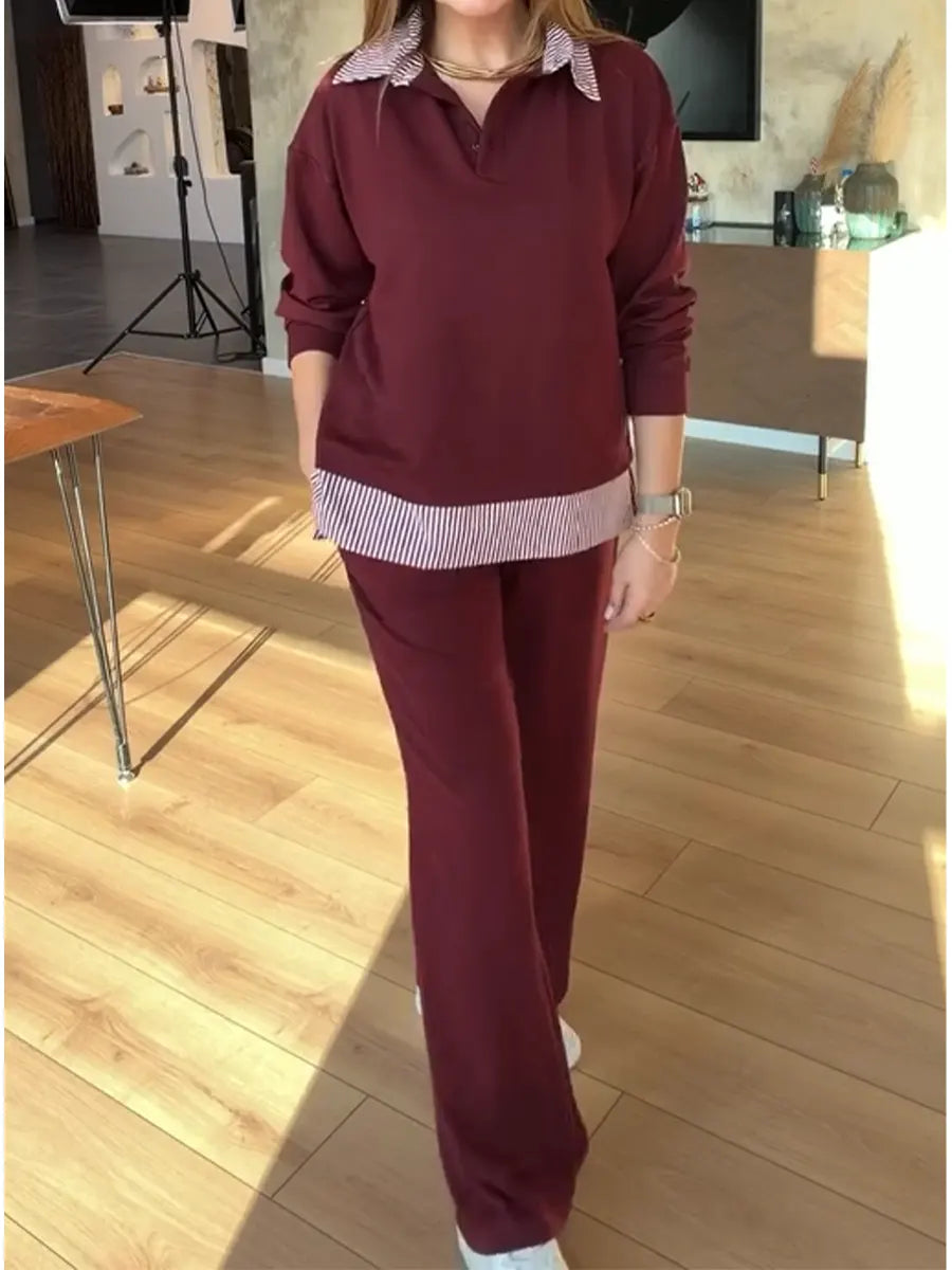 Damski, swobodny, dwuczęściowy komplet z bluzą i spodniami z bawełny w paski i patchwork