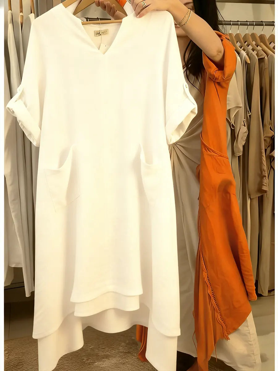 Damska lniana sukienka na co dzień z kieszeniami i dekoltem w kształcie litery V