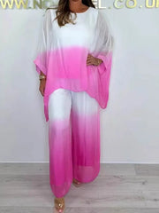 Damski zestaw z okrągłym dekoltem i długim rękawem w gradientowym kolorze, luźnym topem i szerokimi spodniami z wysokim stanem