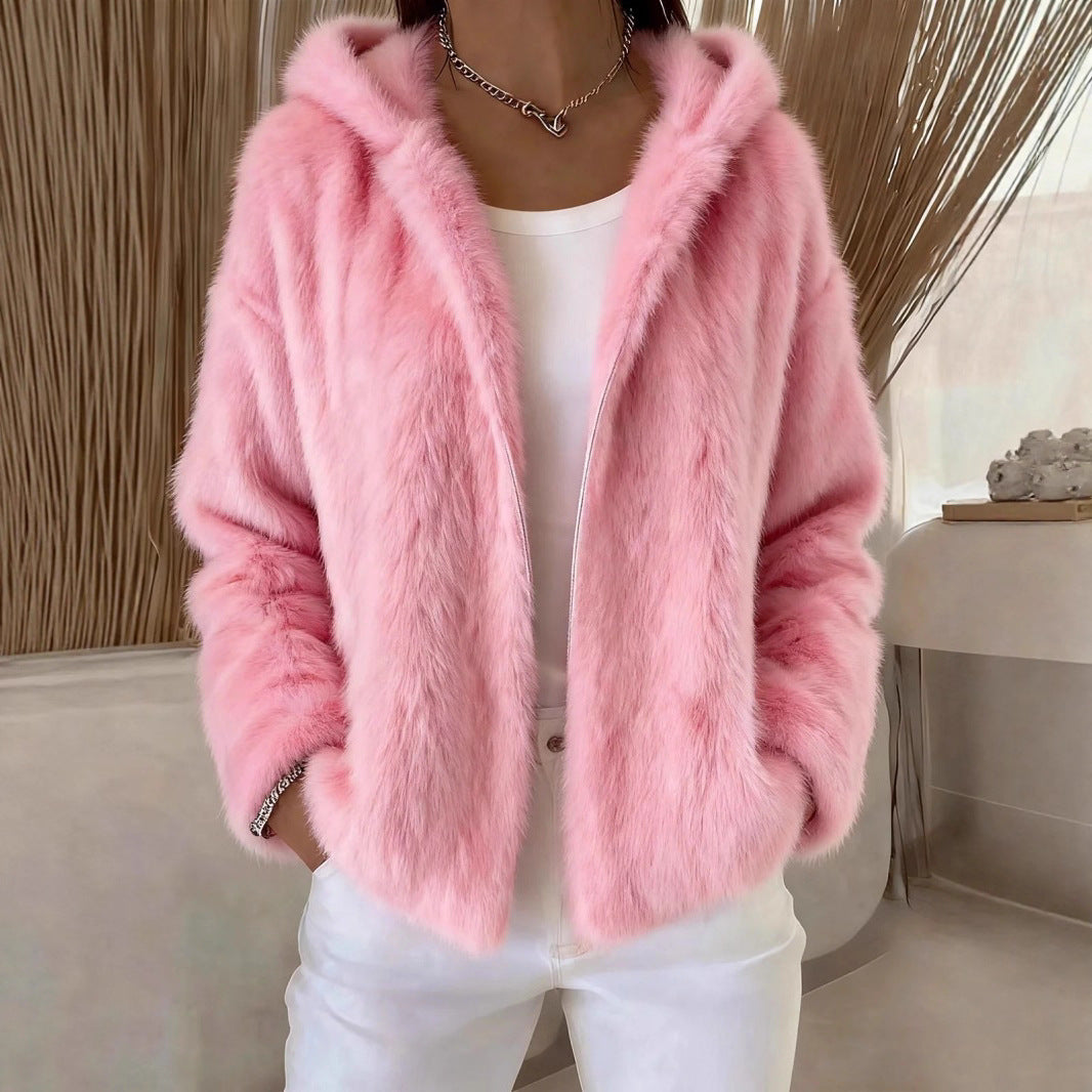 Damska modna pluszowa kurtka z kapturem