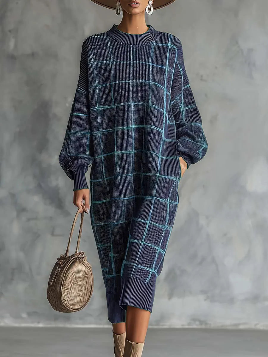 Damska sukienka w kratę z okrągłym dekoltem i długim rękawem, luźna, dzianinowa, swobodna