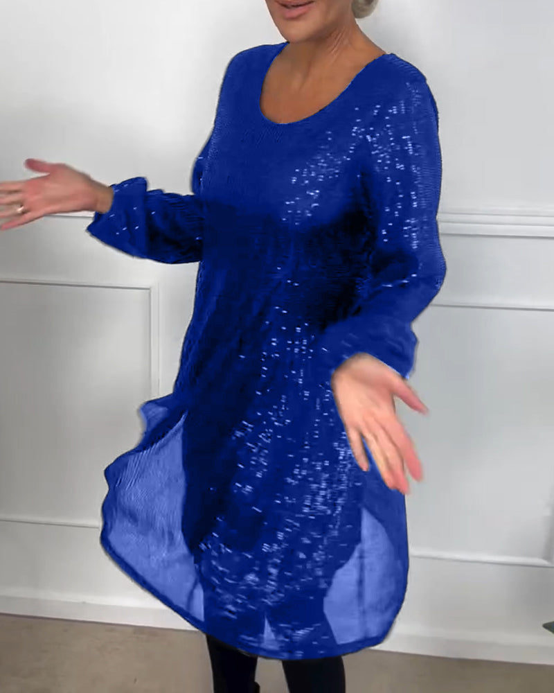 Elegancka sukienka w kształcie litery A z cekinowymi rękawami i rękawami typu lampion