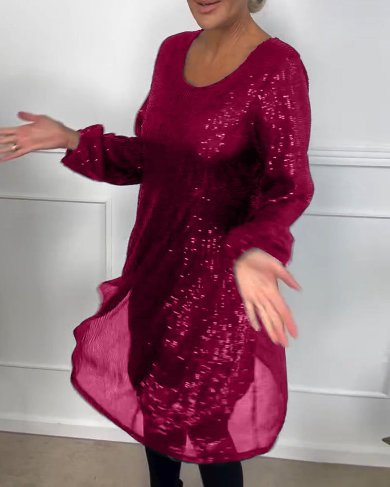 Elegancka sukienka w kształcie litery A z cekinowymi rękawami i rękawami typu lampion