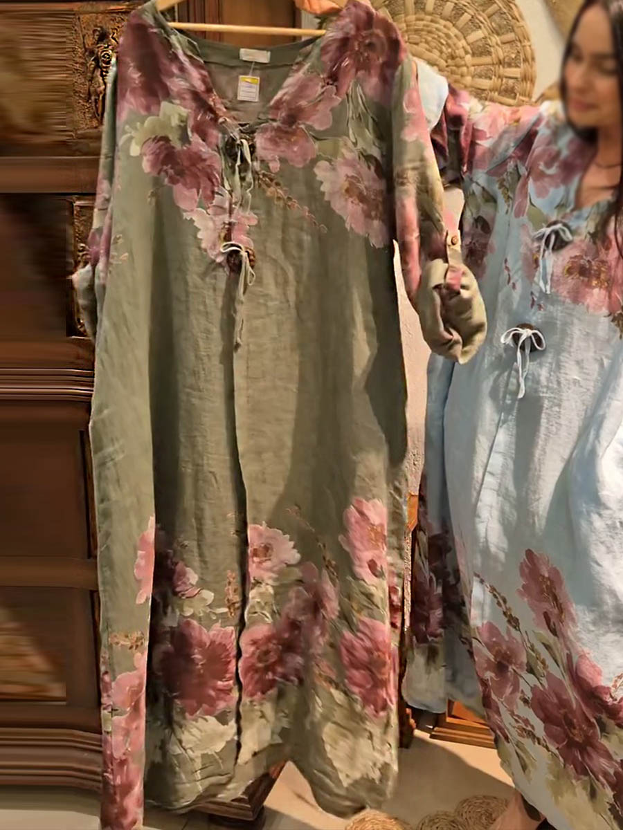 Damska sukienka z dekoltem w serek, długim rękawem i nadrukiem w stylu vintage, luźna, z bawełny i lnu