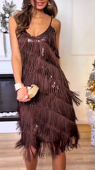 Elegancka sukienka wieczorowa dla kobiet z paskami, patchworkiem i frędzlami