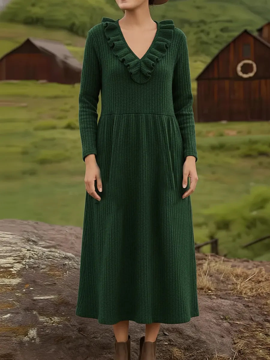 Elegancka sukienka midi z dzianiny w stylu retro z dekoltem w serek i falbankami