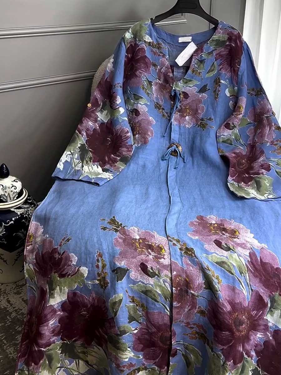 Damska sukienka z dekoltem w serek, długim rękawem i nadrukiem w stylu vintage, luźna, z bawełny i lnu