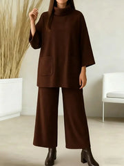 Damski jednokolorowy top z wysokim kołnierzem, długimi rękawami, luźnym krojem, elastyczną talią i szerokimi nogawkami, jesienno-zimowy komplet
