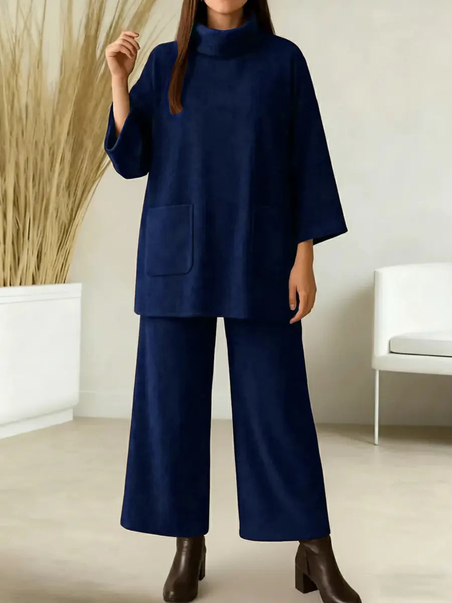 Damski jednokolorowy top z wysokim kołnierzem, długimi rękawami, luźnym krojem, elastyczną talią i szerokimi nogawkami, jesienno-zimowy komplet