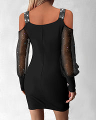 Brokatowa, przezroczysta siatkowa naszywka z odkrytymi ramionami, marszczona obcisła mini sukienka, seksowna sukienka z kryształkami