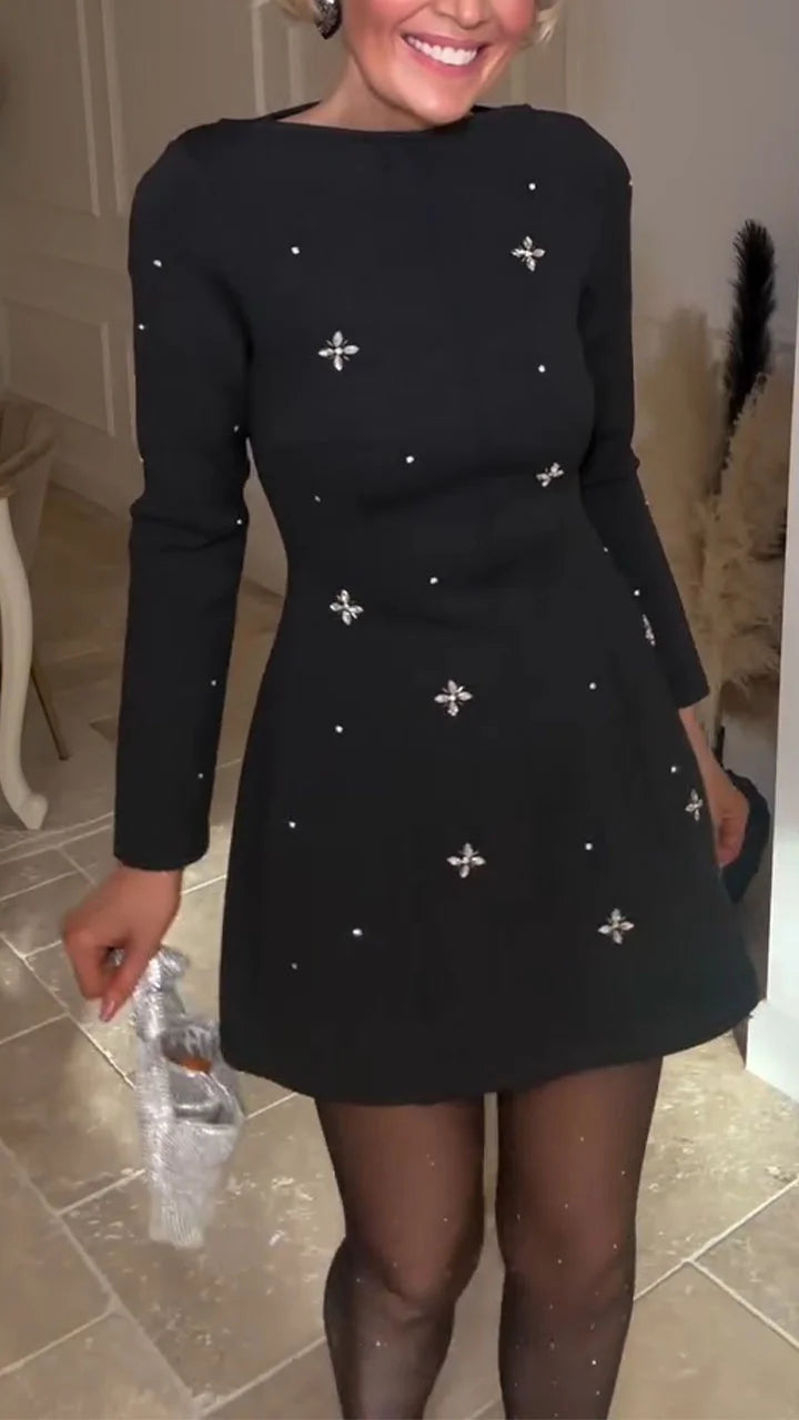 Damska sukienka z okrągłym dekoltem i kryształkami, z nadrukiem, elegancka na co dzień