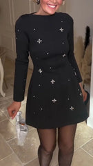 Damska sukienka z okrągłym dekoltem i kryształkami, z nadrukiem, elegancka na co dzień