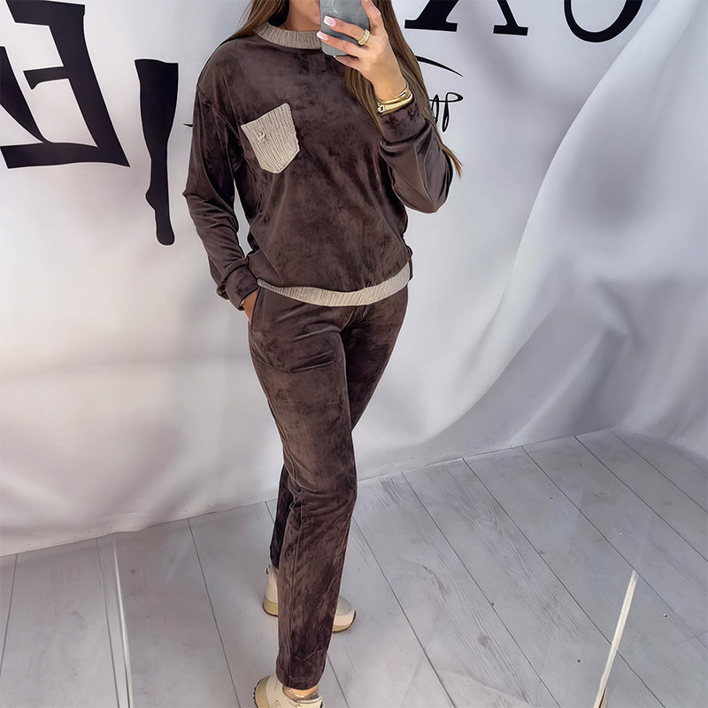 Damski garnitur casualowy z blokami kolorów, okrągłym dekoltem, długim rękawem i wysokim stanem