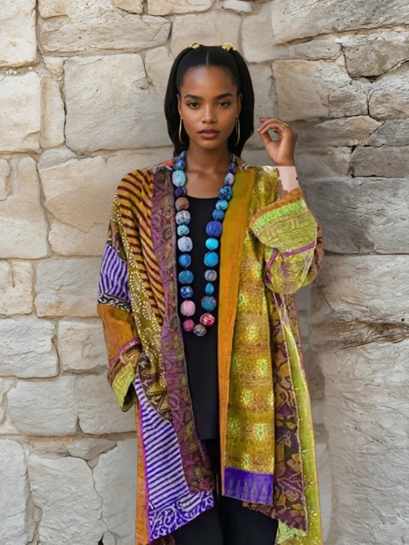 Damski długi kardigan, oversize'owa lekka wzorzysta kurtka