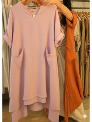 Damska lniana sukienka na co dzień z kieszeniami i dekoltem w kształcie litery V