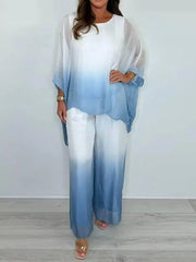Damski zestaw z okrągłym dekoltem i długim rękawem w gradientowym kolorze, luźnym topem i szerokimi spodniami z wysokim stanem
