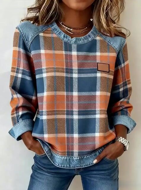 Damska bluza z okrągłym dekoltem, jeansowa, patchworkowa, w kratę, z nadrukiem, casualowa