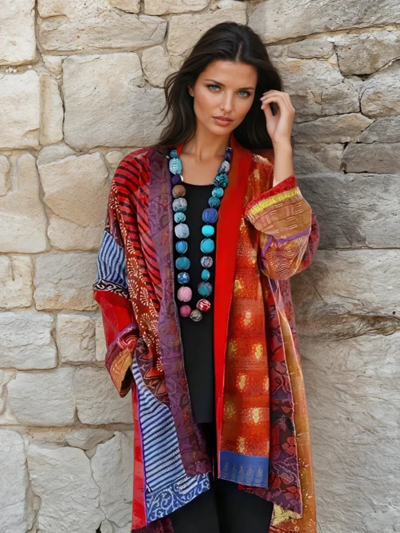 Damski długi kardigan, oversize'owa lekka wzorzysta kurtka