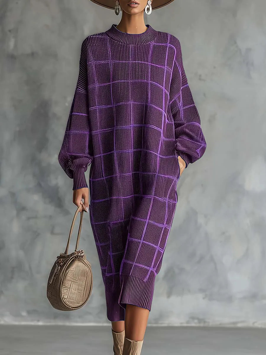 Damska sukienka w kratę z okrągłym dekoltem i długim rękawem, luźna, dzianinowa, swobodna