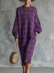 Damska sukienka w kratę z okrągłym dekoltem i długim rękawem, luźna, dzianinowa, swobodna