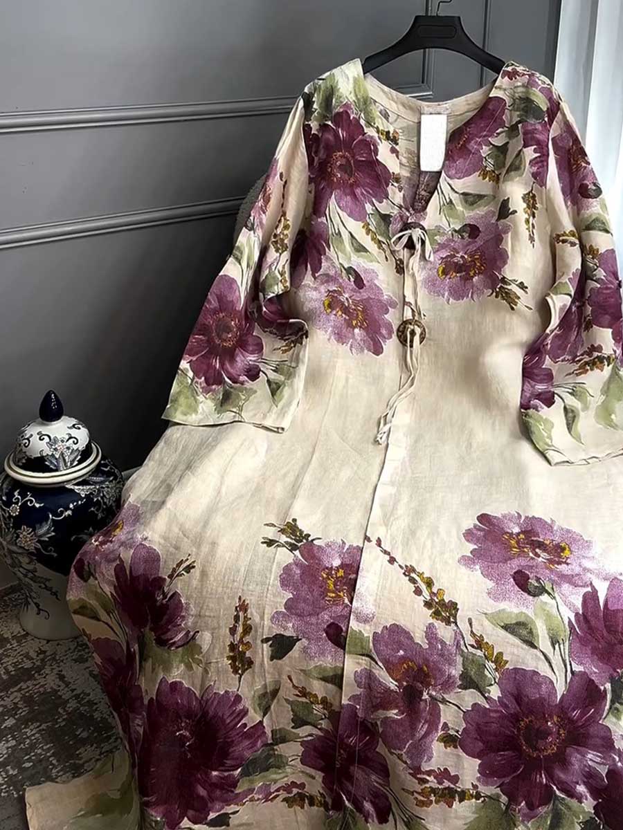 Damska sukienka z dekoltem w serek, długim rękawem i nadrukiem w stylu vintage, luźna, z bawełny i lnu