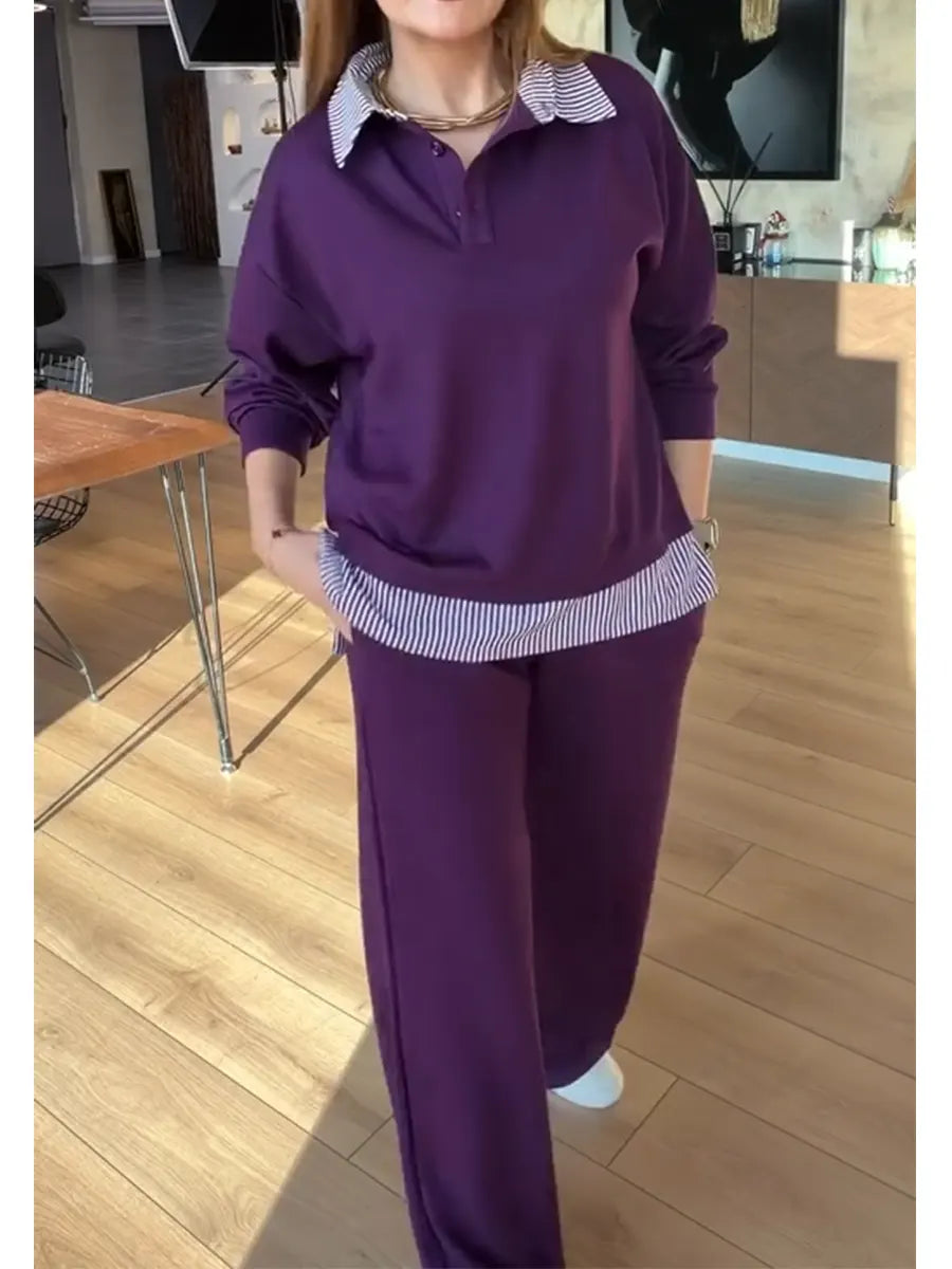 Damski, swobodny, dwuczęściowy komplet z bluzą i spodniami z bawełny w paski i patchwork