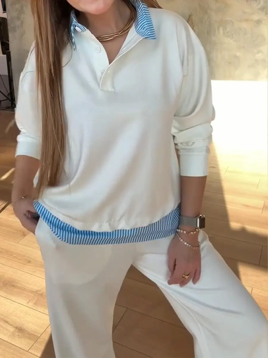 Damski, swobodny, dwuczęściowy komplet z bluzą i spodniami z bawełny w paski i patchwork