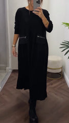 Damska sukienka plisowana na co dzień z okrągłym dekoltem i kieszeniami