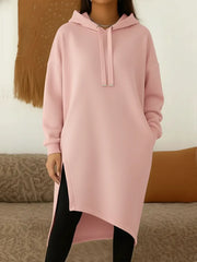 Damska, jednokolorowa, wygodna, swobodna, długa, bawełniana bluza z kapturem