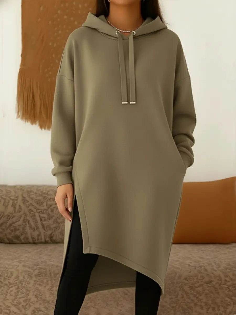 Damska, jednokolorowa, wygodna, swobodna, długa, bawełniana bluza z kapturem